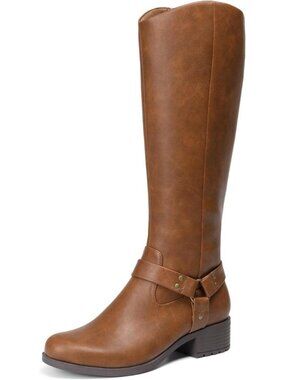 DREAM PAIRS Women's Brown Knee High Boots Pull On Side Zipper Riding Boots